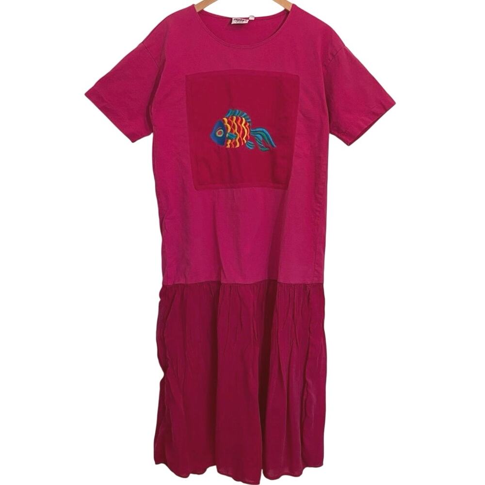 Vintage 90’s Johnny Was T Shirt Dress Embroidered Fish Womens Size Small Boho